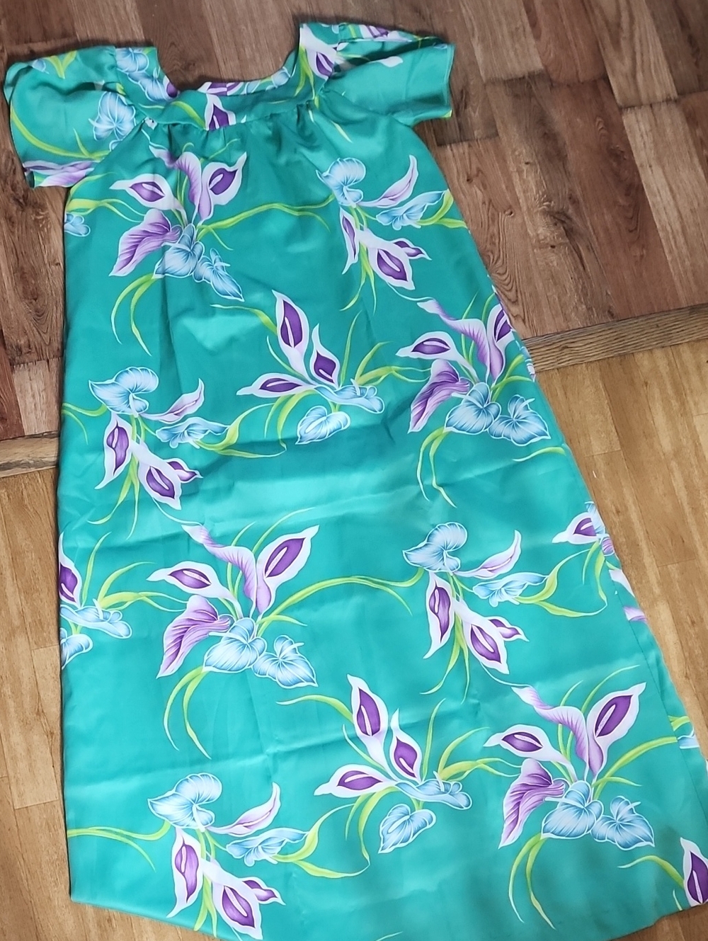 VTG Teal Floral Puff-Sleeve TIKI Dress